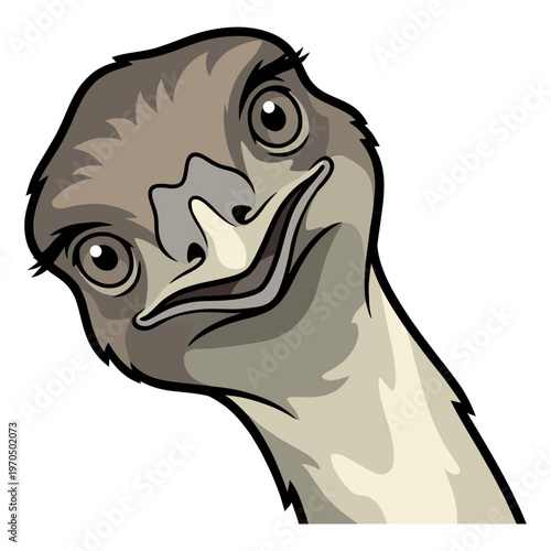 A curious ostrich close-up, gazing at the viewer with an amused expression. 