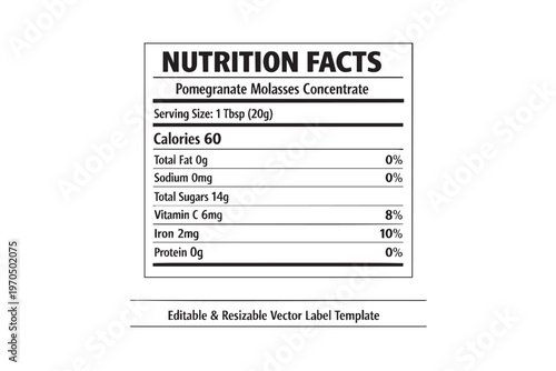 Pomegranate molasses concentrate nutrition facts label displayed