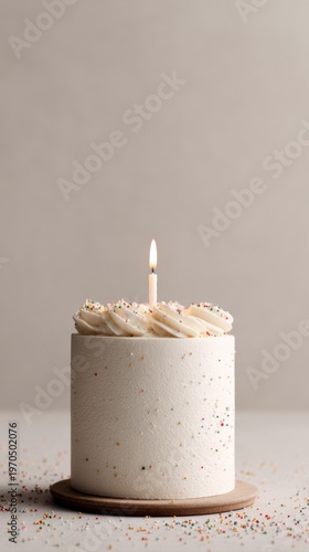 minimal quiet celebration, simple frosted cake mockup with single lit candle on neutral background. calm mood, modern editorial minimalism, copy space. milestones, birthday, personal success concept.