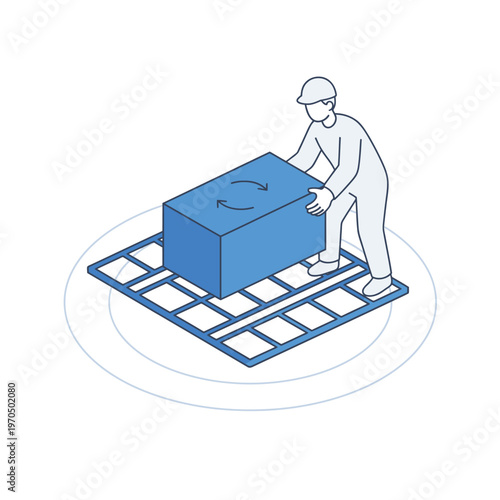 Worker lifting heavy blue box on industrial platform.