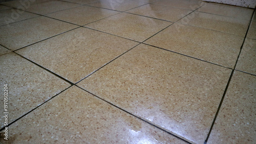 Tablou pe pânză Close up of beige ceramic tiled floor with grout lines, indoor surface texture,