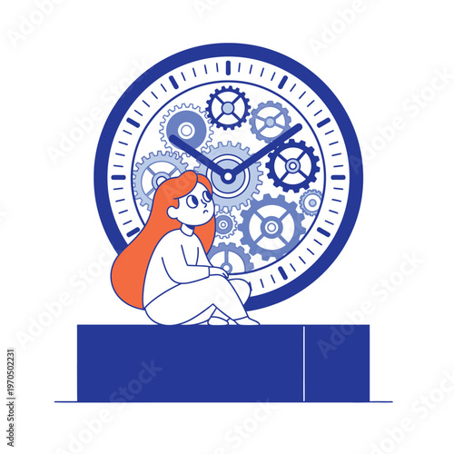 Young girl contemplating intricate clockwork mechanism gears.