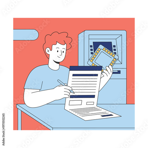 Young man filling out financial document near ATM.