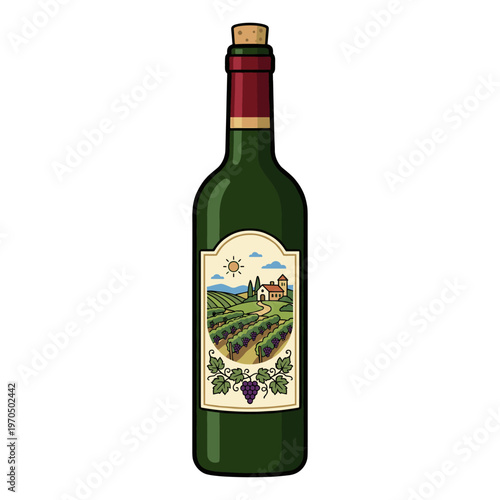 A beautifully designed wine bottle with a scenic landscape on its label