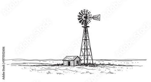 Traditional farm windmill with small shed on open plains. Hand drawn vintage sketch of rural water pump technology.