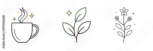 Herbal tea and natural leaf line icons set featuring steaming tea cup organic green leaves and decorative flowers more vector illustration with editable stroke.