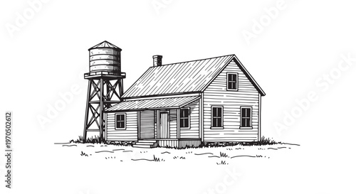 Vintage hand drawn farmhouse with water tower and porch. Rustic pioneer homestead illustration for historical projects.