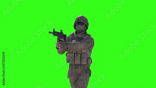 Wallpaper Mural Armed military soldier running and aiming rifle 3D render concept on green background Torontodigital.ca