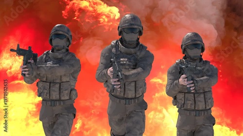 Wallpaper Mural armed military soldiers in full combat gear walking through explosion and fire — 3D render war concept Torontodigital.ca