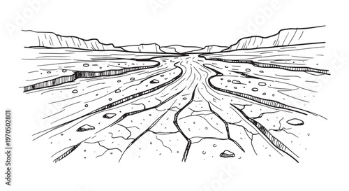 Arid cracked earth desert landscape with dry riverbed sketch. Global warming and drought environment illustration.
