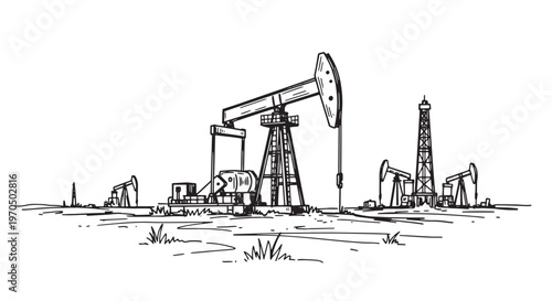 Oil pump jack and drilling rig in a vast industrial field. Vintage hand drawn sketch of fuel energy production site.