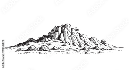 Rugged rocky outcrop sketch with desert shrubs. Hand drawn geological mountain formation for outdoor adventure.