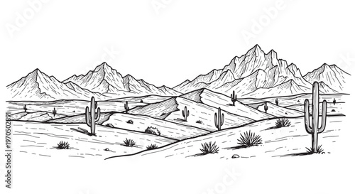Desert sand dunes and mountain range with saguaro cactus sketch. Vintage hand drawn western wilderness illustration.