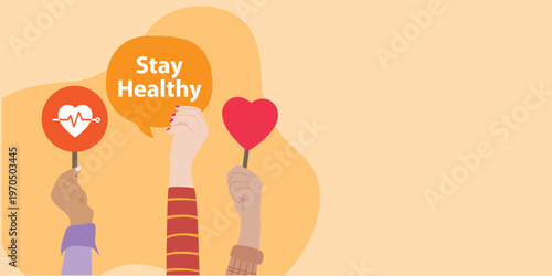 Stay healthy concept with diverse hands holding heart and speech bubble, promoting wellness, healthy lifestyle, fitness, and positive daily habits.