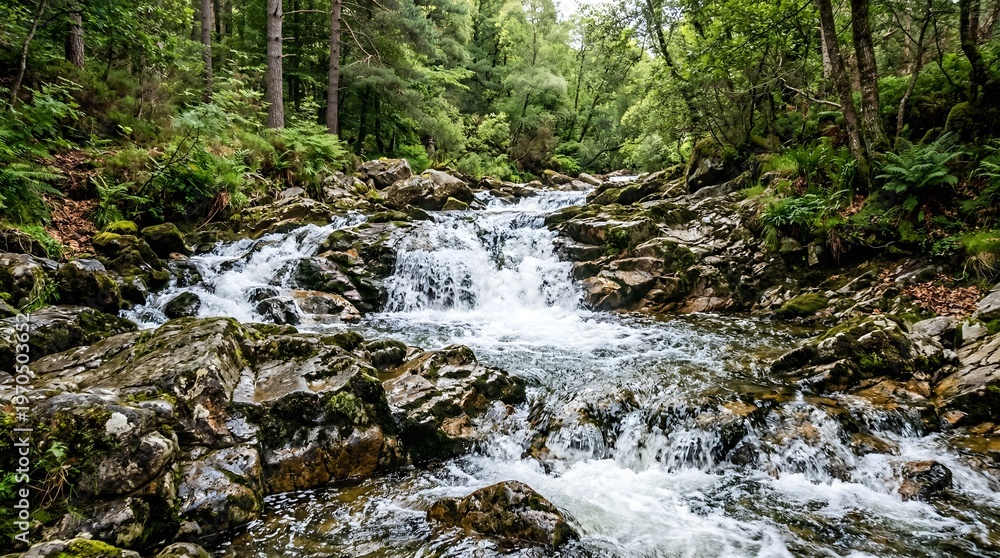 Fototapeta premium Cascading Waterfall Through a Lush Green Forest Landscape.
