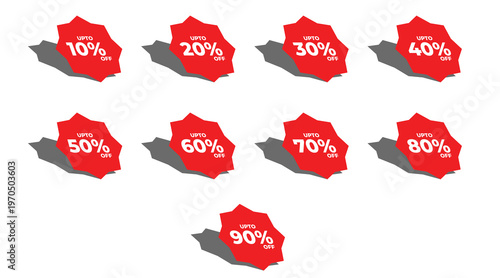 Red Discount Percentage Tags Set 10 to 90 Percent Sale Labels Collection