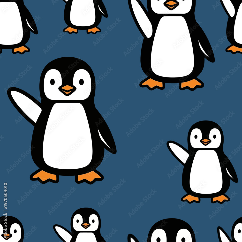 Naklejka premium Cute Waving Penguin Characters Seamless Pattern.