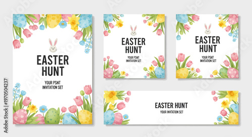 A vector Easter egg hunt event template featuring floral decorations, including roses and tulips, is designed for a children's community event, with a colorful and festive design