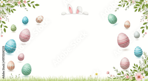 Illustrated vector Easter egg hunt event invitation template featuring colorful, decorated eggs and floral accents along the border, creating a festive and reusable design with a cheerful