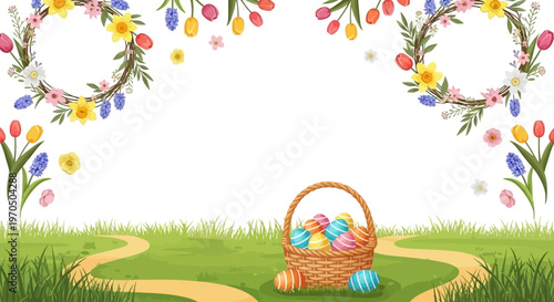 A colorful vector illustration depicts an Easter egg hunt community event template with floral wreaths and a basket of eggs on a grassy field, creating a cheerful and festive design