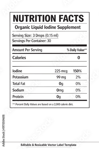 Nutrition facts label for iodine supplement