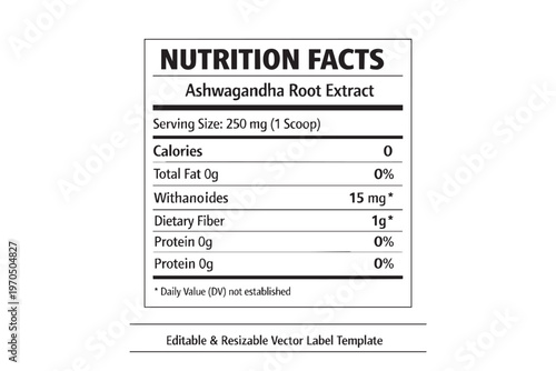 Nutrition facts label for ashwagandha root extract