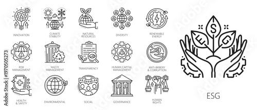 ESG environment social governance line icons for green energy and ecology, vector pictograms. ESG line icons of responsible corporate company, renewable energy, and social responsibility for waste