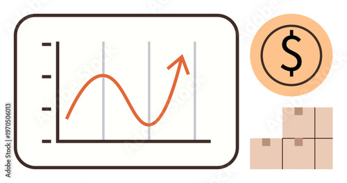 Economic growth, business strategy, logistics, financial trends, revenue analysis, investment insights. Rising graph with upward trend, dollar symbol and shipping boxes. Economic growth and business