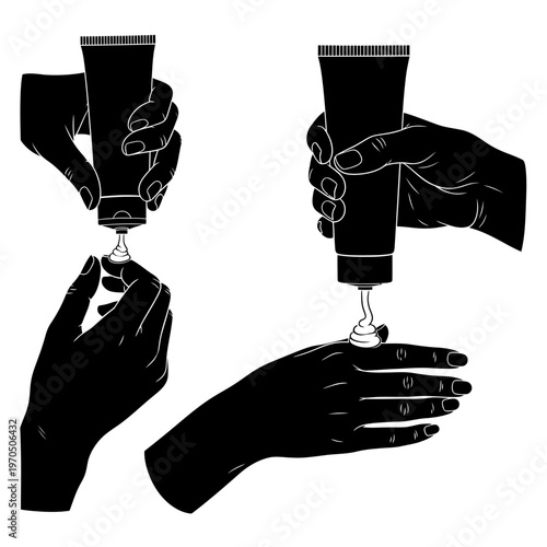 Hand Care Ritual: A stylized illustration showcases a person's hands delicately squeezing cream from a tube, capturing the essence of a skincare routine.