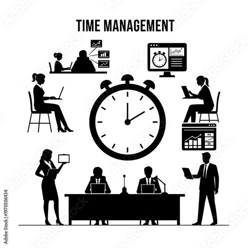 Mastering Moments: An illustration encapsulates the essence of time management, presenting an array of professionals efficiently utilizing technology around a central clock.