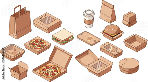 Eco Friendly Kraft Paper Food Packaging Set with Pizza Boxes Burger Containers Takeout Bags Coffee Cup and Sandwich Wraps for Restaurant Branding Mockup