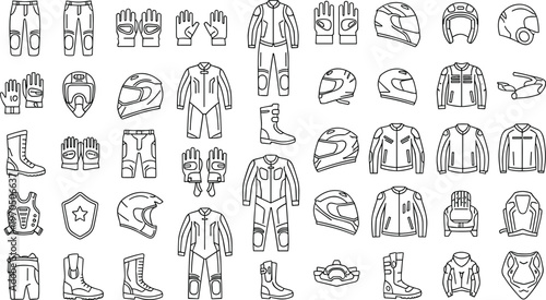 Motorcycle Safety Gear and Biker Apparel Icon Set Featuring Helmets Riding Suits Jackets Gloves Boots and Protective Armor for Motorbike Equipment Design