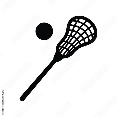 A black lacrosse stick and ball depicted in a simple graphic style