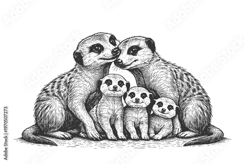Detailed Meerkat Family Standing Together in Vintage Engraving Style Vector Illustration Featuring Hand Drawn Woodcut Details on White Background