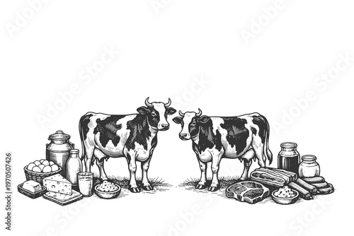 Vintage Engraving Style Vector Illustration of Dairy Cows Standing with Fresh Farm Products Including Milk Jars Cheese and Bread on White Background