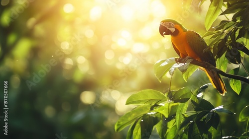 Vibrant parrot perched on a branch, drenched in tropical sunlight illumination