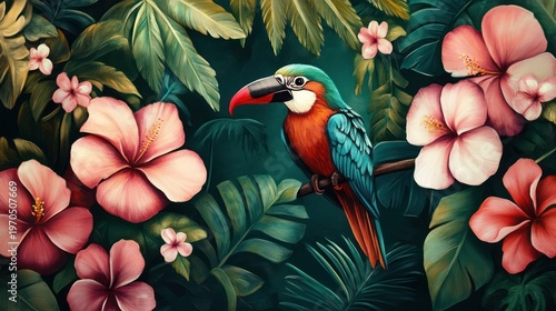 Vibrant Tropical Still Life: Parrot Among Hibiscus Blooms and Lush Greenery