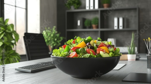 Healthy lunch concept a vibrant salad bowl sits on an office desk amidst equipment