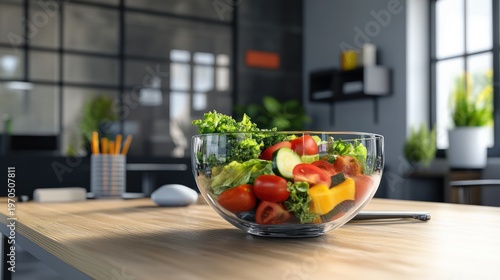 Refreshing Salad Bowl on Office Desk: A Healthy Lunch Break Concept