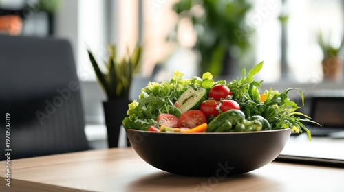 A Vibrant Salad Bowl on an Office Desk, Fresh and Healthy Workplace Lunch