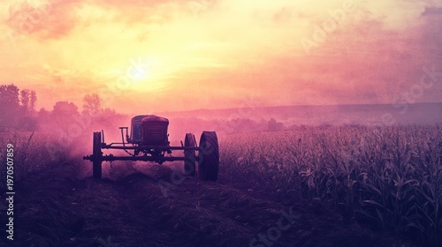 Vintage tractor on farm during sunset, evoking a rustic and nostalgic feeling