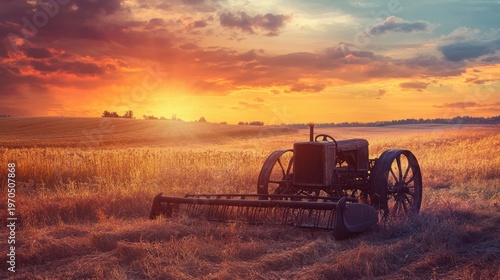 Vintage tractor sits majestically in a golden wheat field at sunrise