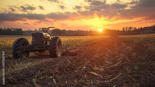 Tranquil farmlife: tractor silhouette against sunset at the rural countryside