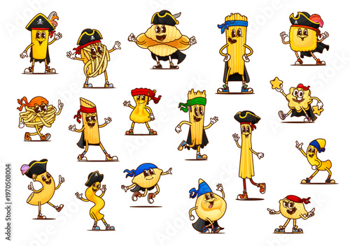 Cartoon groovy Italian pasta pirate and corsair characters, vector funny faces. Groovy pasta spaghetti in captain tricorn hat, Caribbean corsair penne, tortellini sailor or gnocchi skipper in bandana