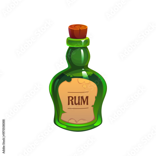 Pirate rum bottle of Caribbean corsairs alcohol drink, cartoon vector game icon. Bottle or rum with cork for pirate adventure and sailors drink or corsairs beverage for sailing arcade game asset