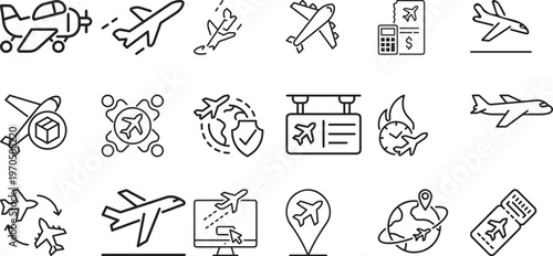 Black line of airplanes and travel related symbols on white line black and white