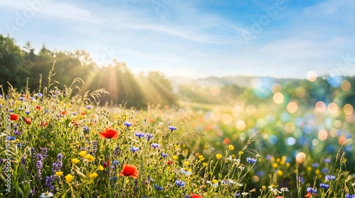 Vibrant wildflower meadow bathed in golden sunlight under a clear blue sky.