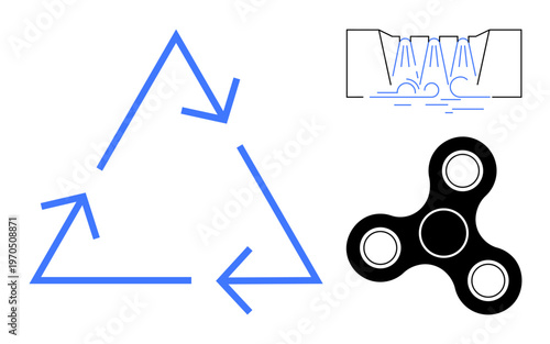 Sustainability, recycling, industrial processes, engineering, mechanical components, and design concepts. A recycling symbol, process diagram and fidget spinner. Sustainability and recycling