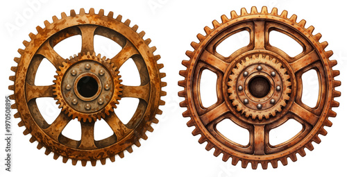 A charming watercolor collection of vintage mechanical gears featuring rustic bronze cogwheels and industrial steampunk machine parts illustrated in a detailed engineering style.