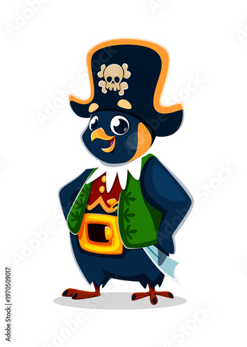 Cartoon penguin animal pirate crew character. Isolated vector bird corsair filibuster personage wearing a vest, captain cocked hat and gleaming cutlass tucked in a gold belt, ready for adventures